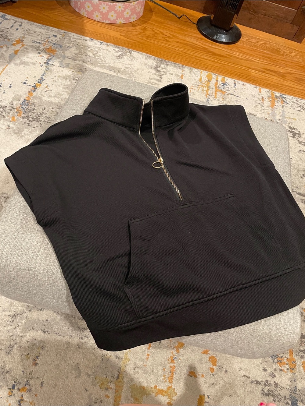 entro Black Short-Sleeve Half-Zip Pullover with Kangaroo Pocket